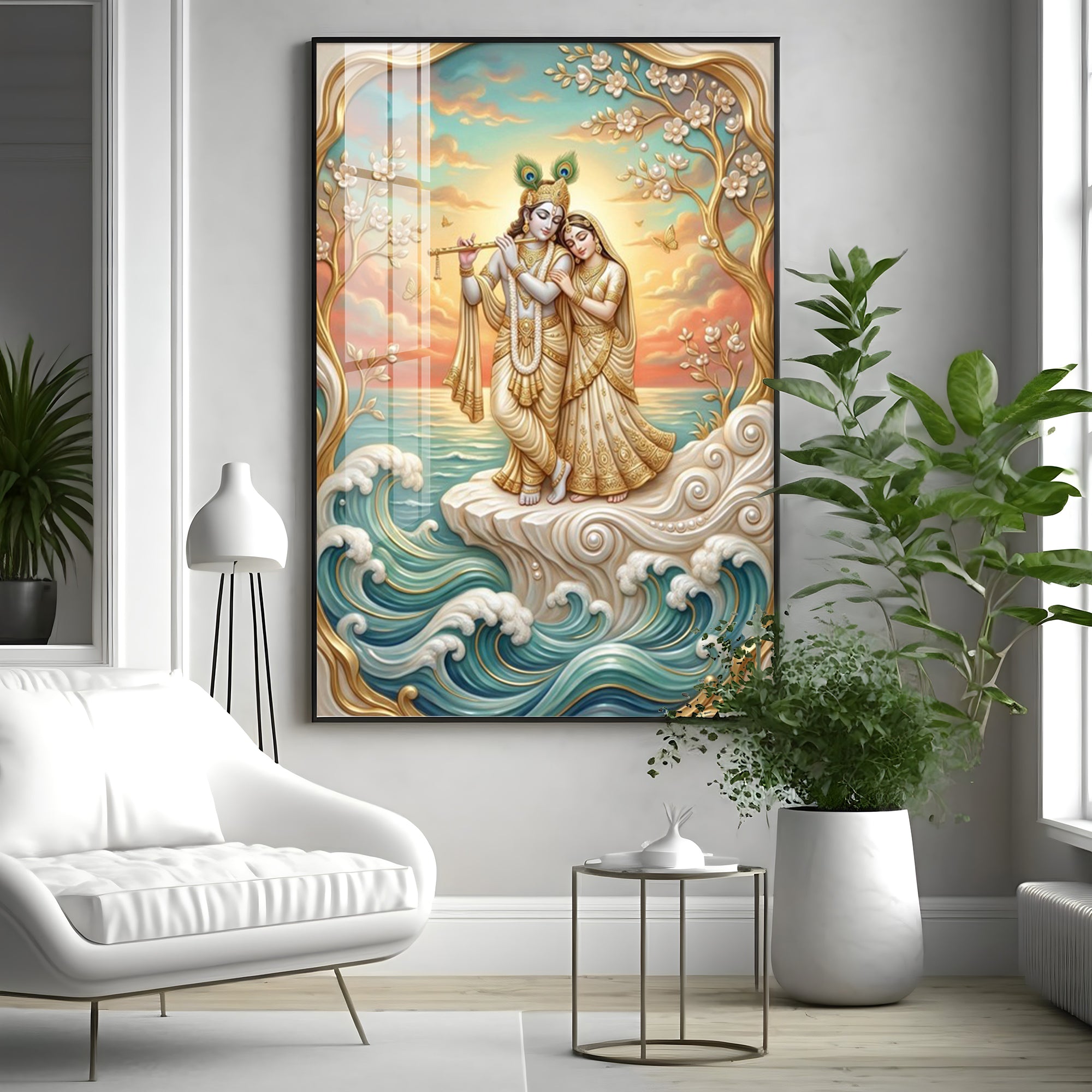 Beautiful Radha Krishna With Flute Premium Acrylic Vertical Wall Art