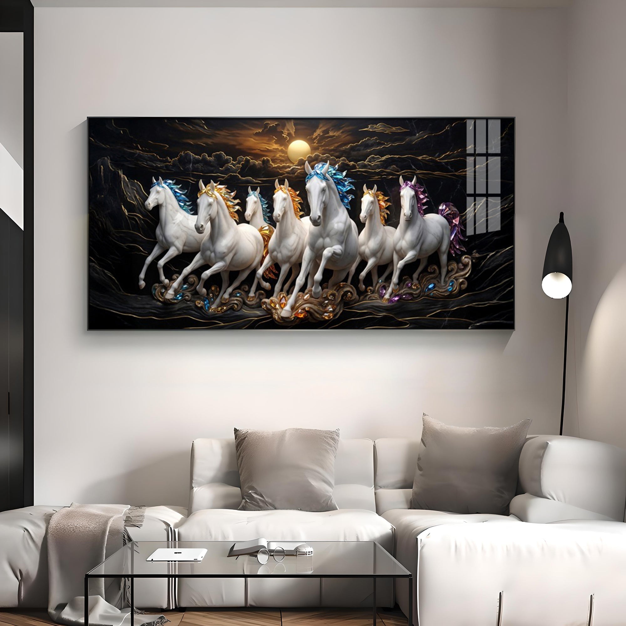 White Seven Running Vastu Lucky Horses Premium Acrylic Horizontal Wall Art