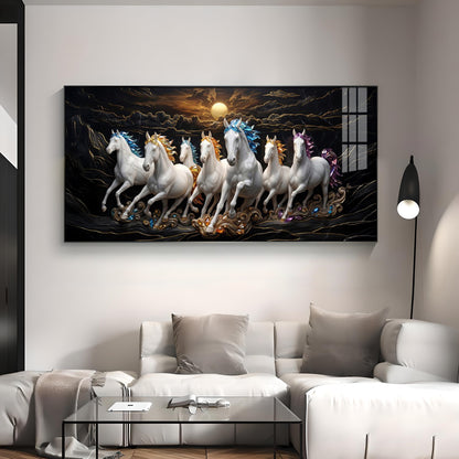 White Seven Running Vastu Lucky Horses Premium Acrylic Horizontal Wall Art