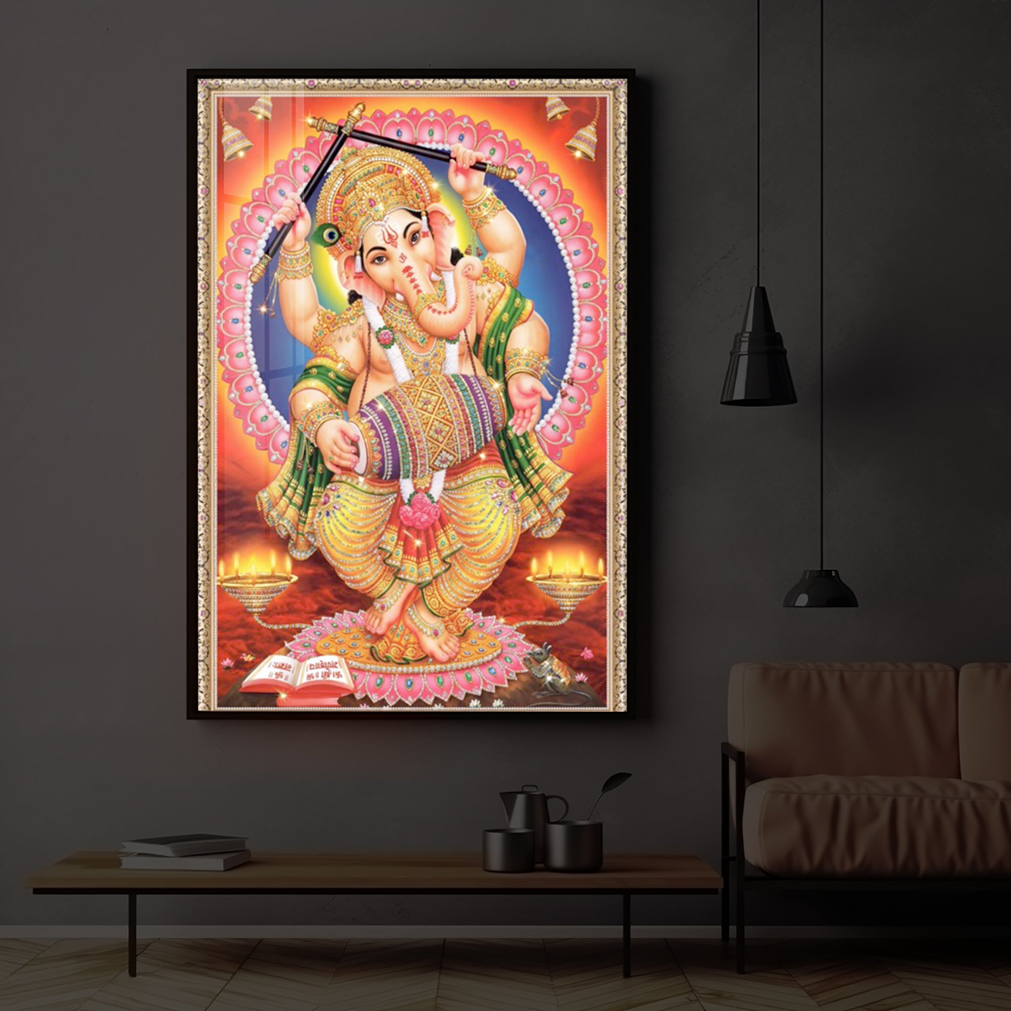 Hindu Bhagwan Ganesh Ji Modern Luxury Backlight Vertical Wall Art