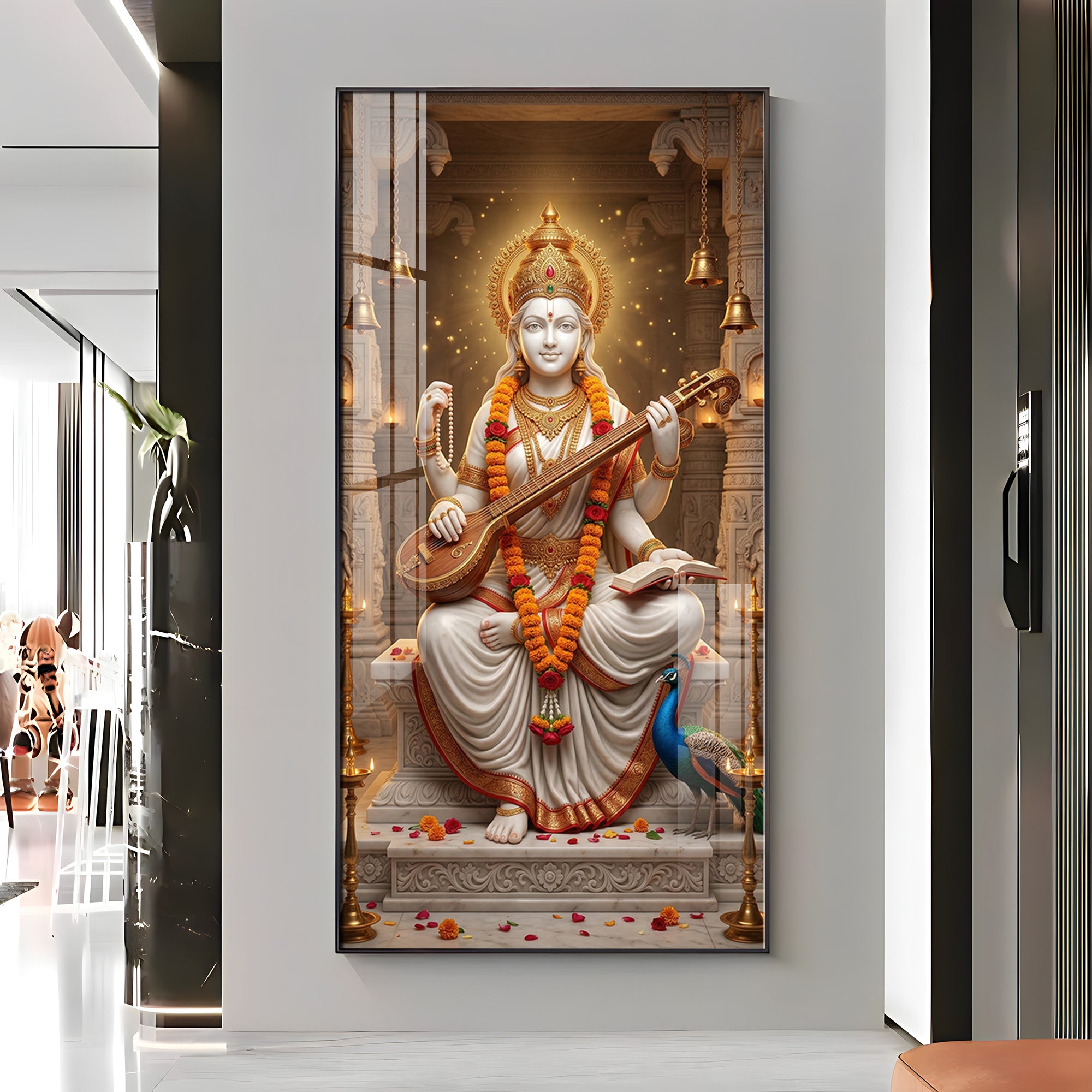 Divine Harmony Of Saraswati Maa Premium Acrylic Vertical Wall Art