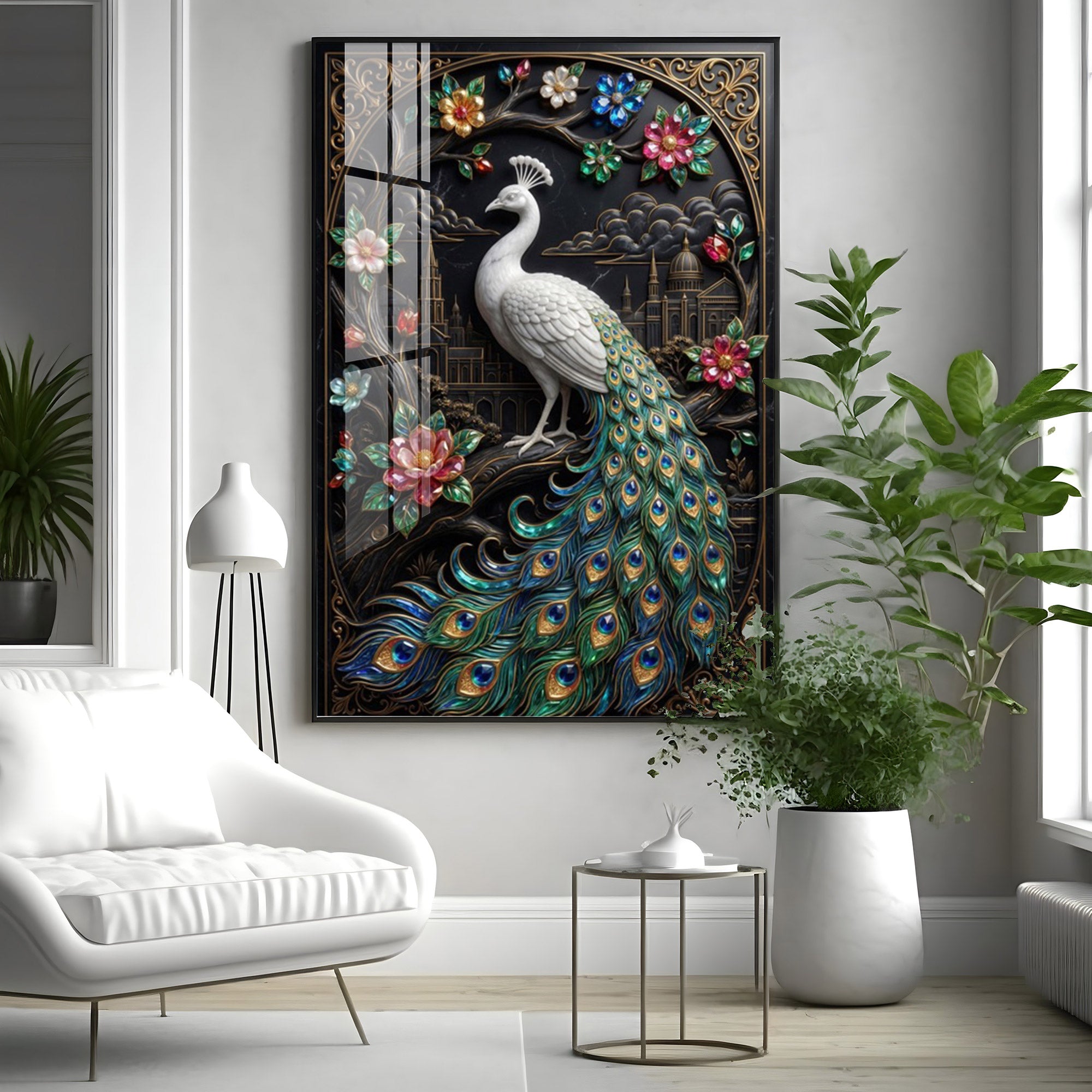 Peacock With Flowers Premium Acrylic Vertical Wall Art