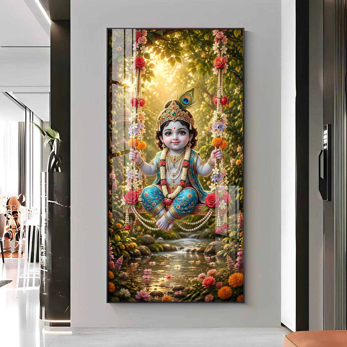 Divine Bal Krishna In Jhula Premium Acrylic Vertical Wall Art