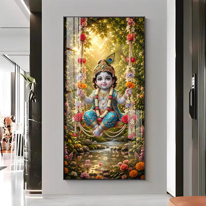 Divine Bal Krishna In Jhula Premium Acrylic Vertical Wall Art