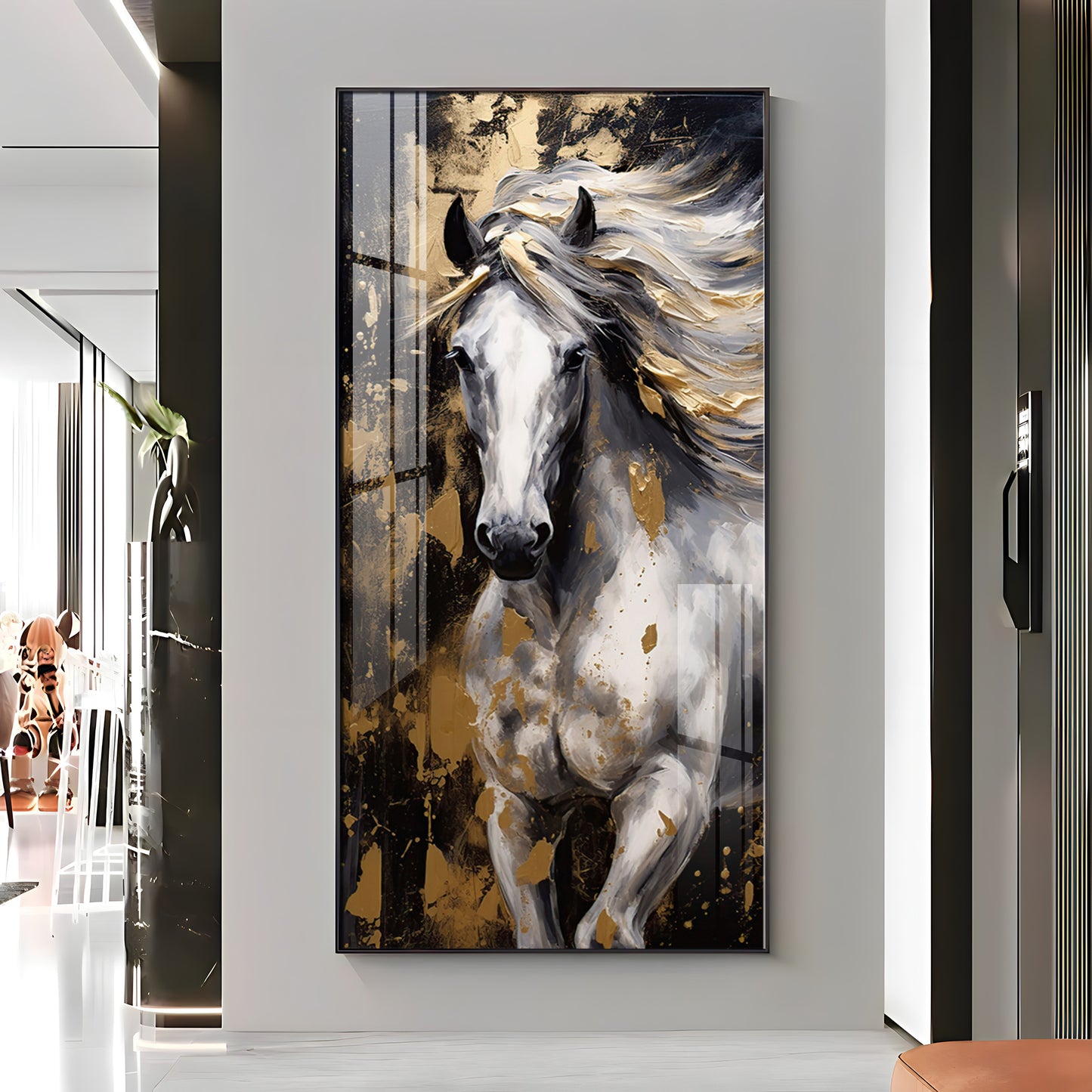 White Horse with Golden Gleam Premium Acrylic Vertical Wall Art