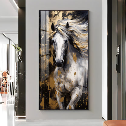 White Horse with Golden Gleam Premium Acrylic Vertical Wall Art