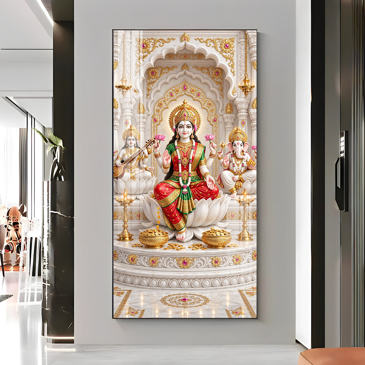 Divine Maa Saraswati, Laxmi & Lord Ganesh Ji Premium Acrylic Vertical Wall Art