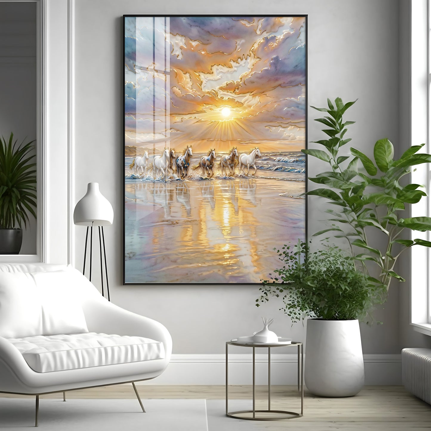 Depicting Seven White Horses Running Premium Acrylic Vertical Wall Art