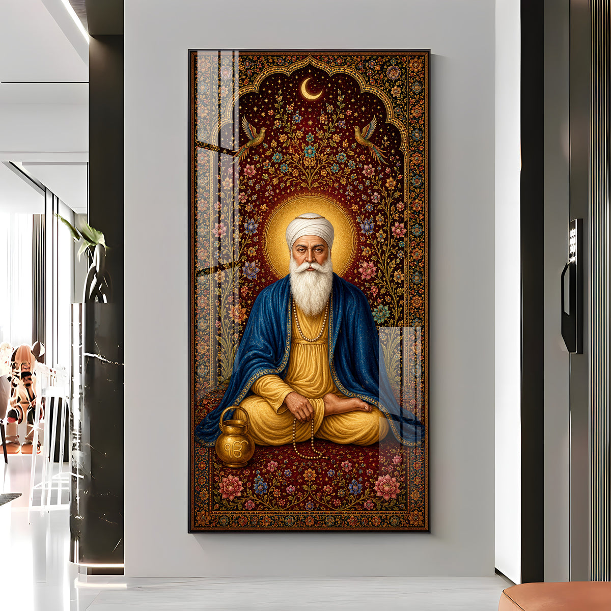 Guru Nanak Dev Ji Seated Meditation Blue Shawl Premium Acrylic Vertical Wall Art