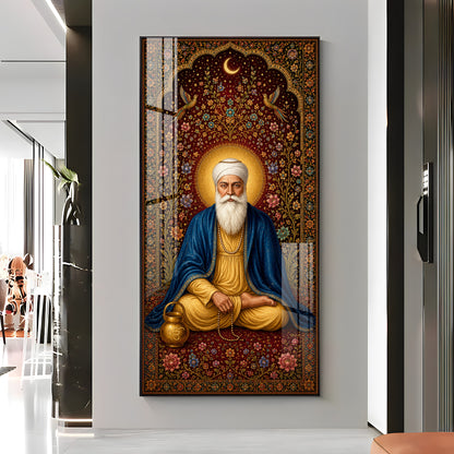 Guru Nanak Dev Ji Seated Meditation Blue Shawl Premium Acrylic Vertical Wall Art