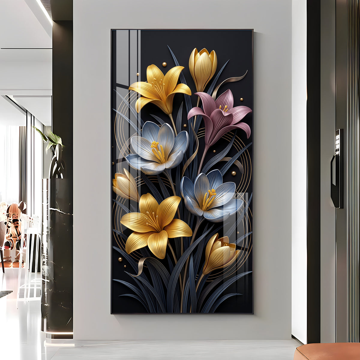 Metallic Floral Bouquet Gold & Blue Lilies Premium Acrylic Vertical Wall Art