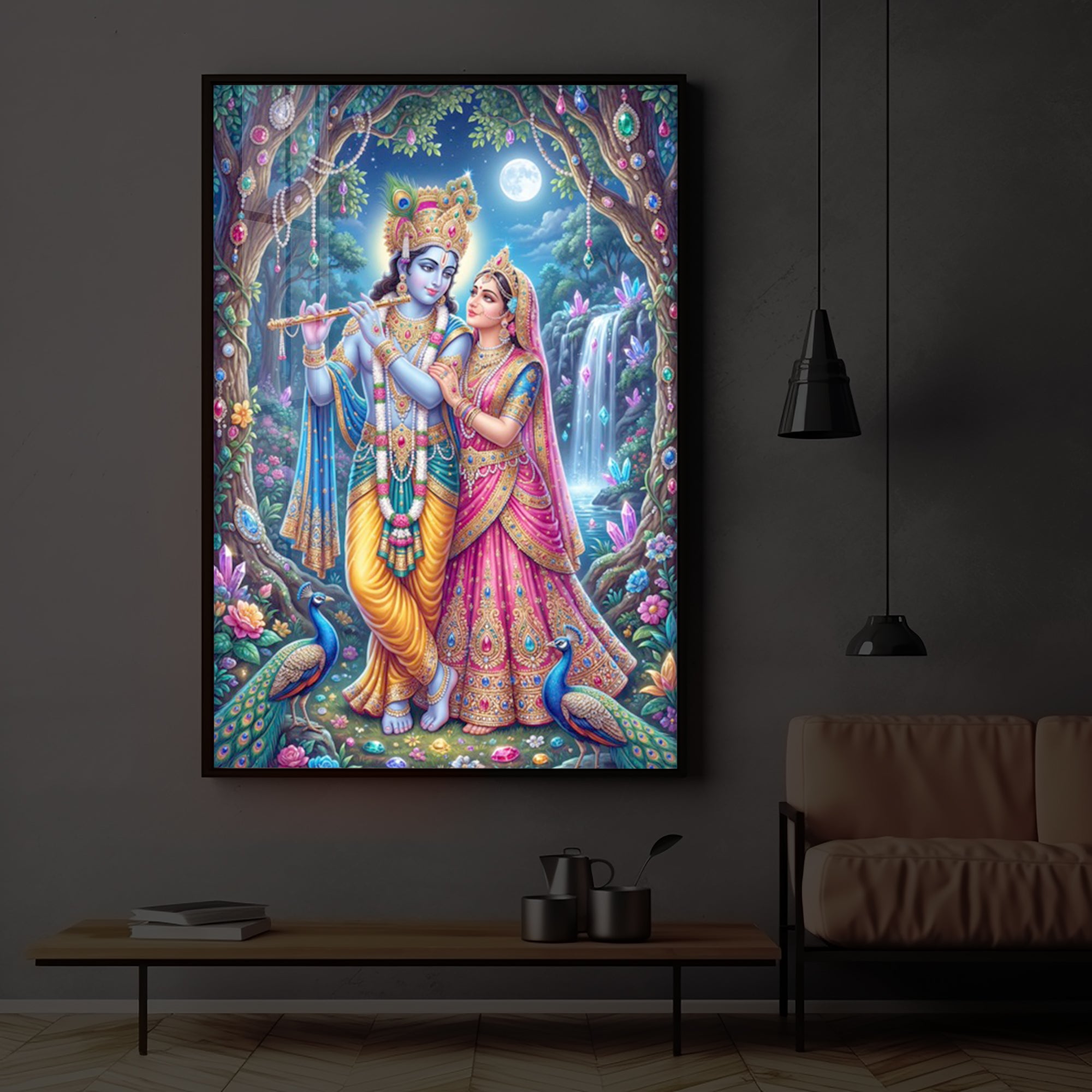 Eternal Love of Radha Krishna Modern Luxury Backlight Vertical Wall Art