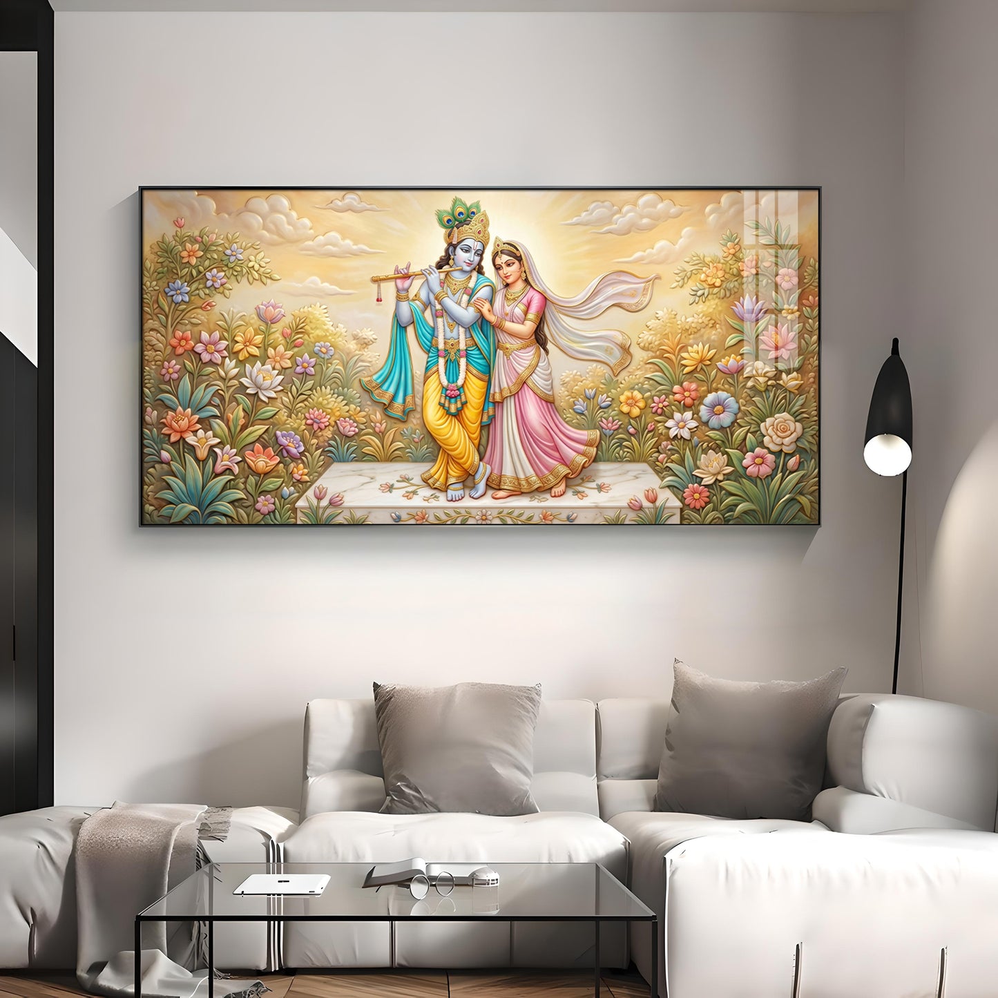 Radha Krishna Surrounded By Flowers Premium Acrylic Horizontal Wall Art