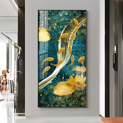 Modern Golden Koi Fish & Lotus Premium Acrylic Vertical Wall Art