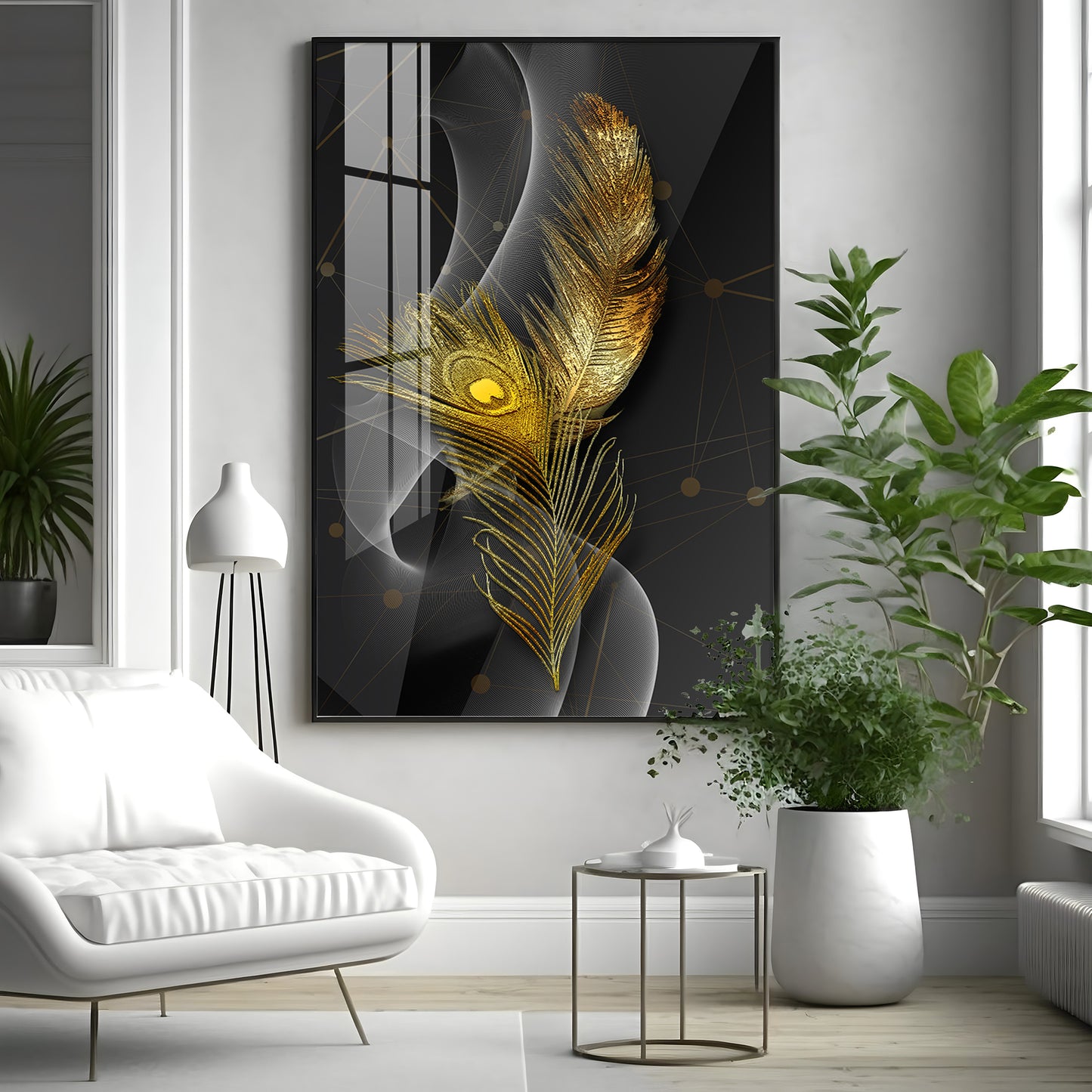 Golden Elegance Feather Premium Acrylic Vertical Wall Art