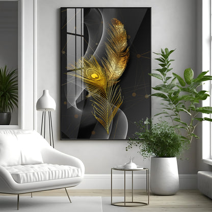 Golden Elegance Feather Premium Acrylic Vertical Wall Art