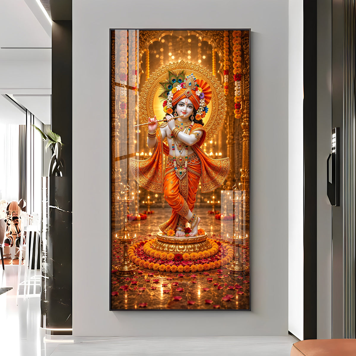 Divine Lord Krishna Playing Flute Premium Acrylic Vertical Wall Art