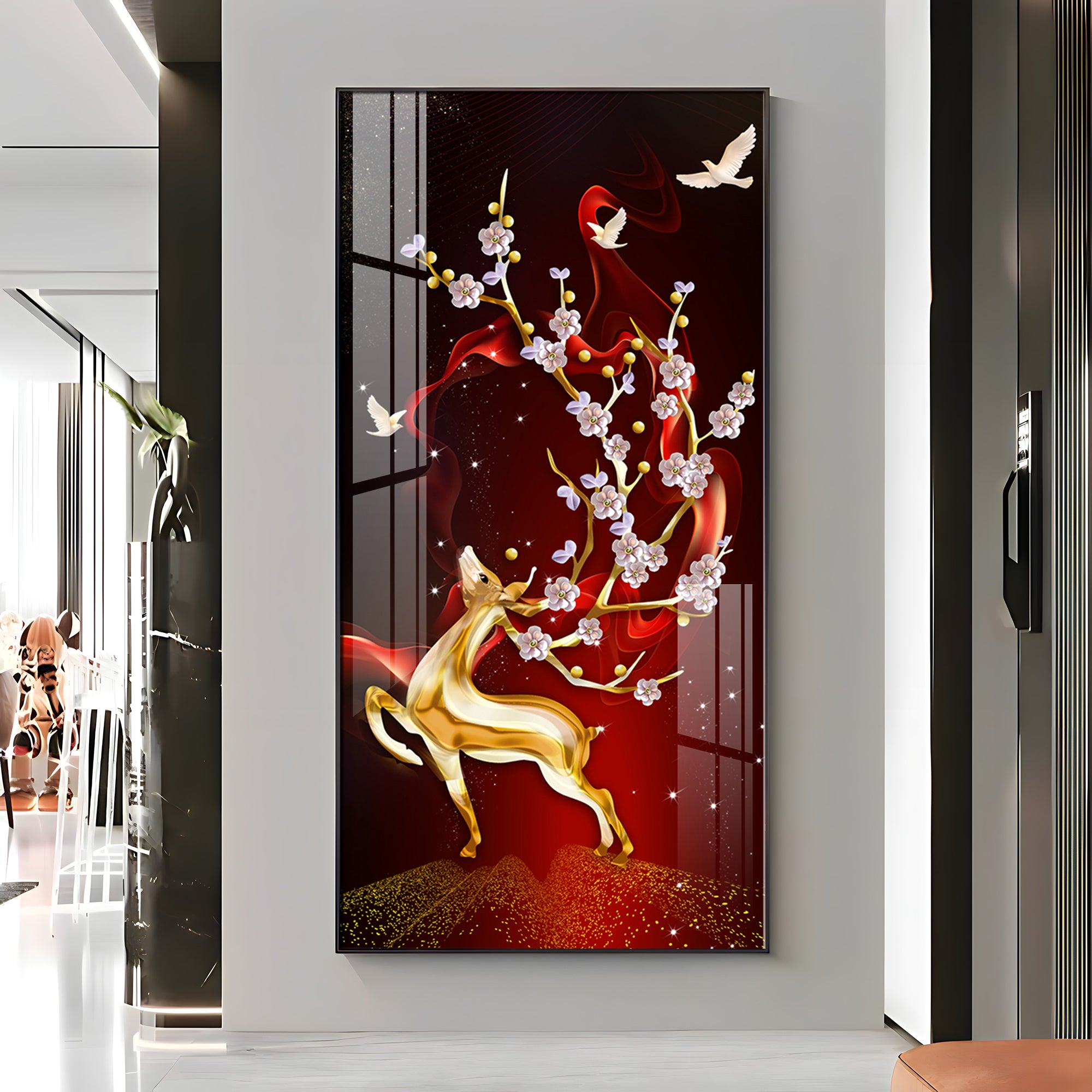 Golden Deer With Red Background Premium Acrylic Vertical Wall Art