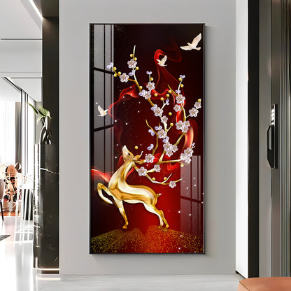 Golden Deer With Red Background Premium Acrylic Vertical Wall Art
