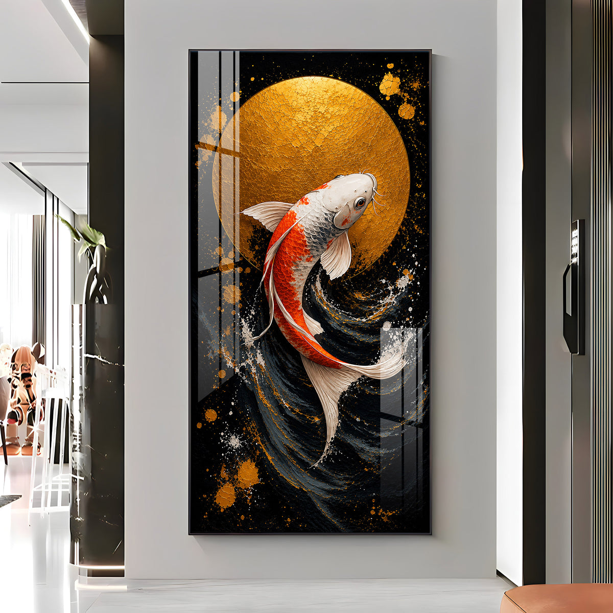 Golden Moon & Swimming Koi Fish Premium Acrylic Vertical Wall Art