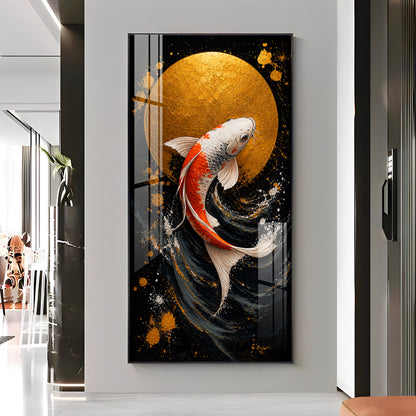 Golden Moon & Swimming Koi Fish Premium Acrylic Vertical Wall Art