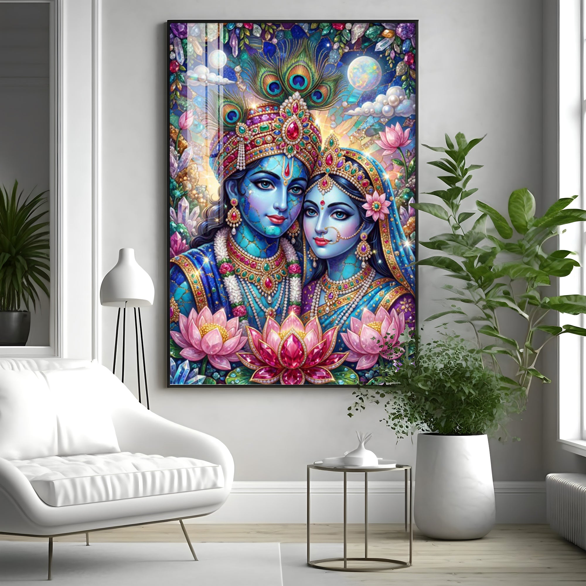 Radha Krishna With Blooming Lotus Flowers Premium Acrylic Vertical Wall Art
