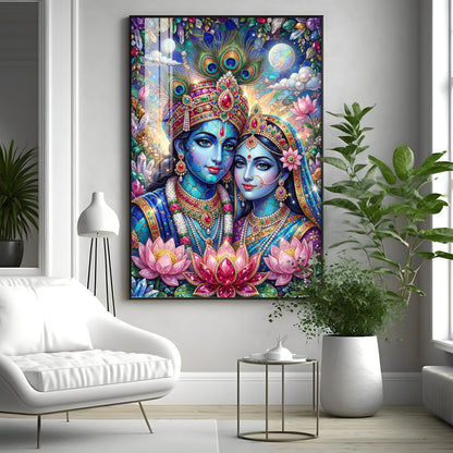 Radha Krishna With Blooming Lotus Flowers Premium Acrylic Vertical Wall Art