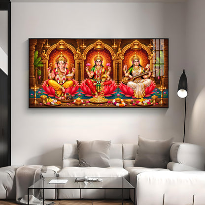 Lord Ganesha, Goddess Lakshmi and Goddess Saraswati Premium Acrylic Horizontal Wall Art
