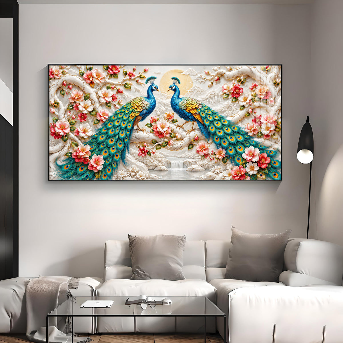 Pair of Peacocks With Flower Premium Acrylic Horizontal Wall Art