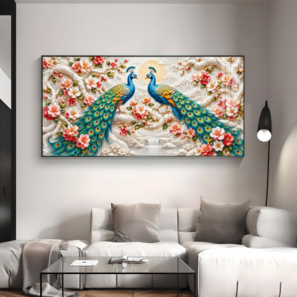 Pair of Peacocks With Flower Premium Acrylic Horizontal Wall Art