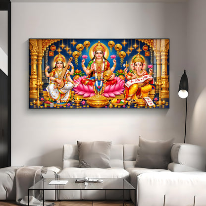 Maa Lakshmi, Ganesha and Saraswati Premium Acrylic Horizontal Wall Art