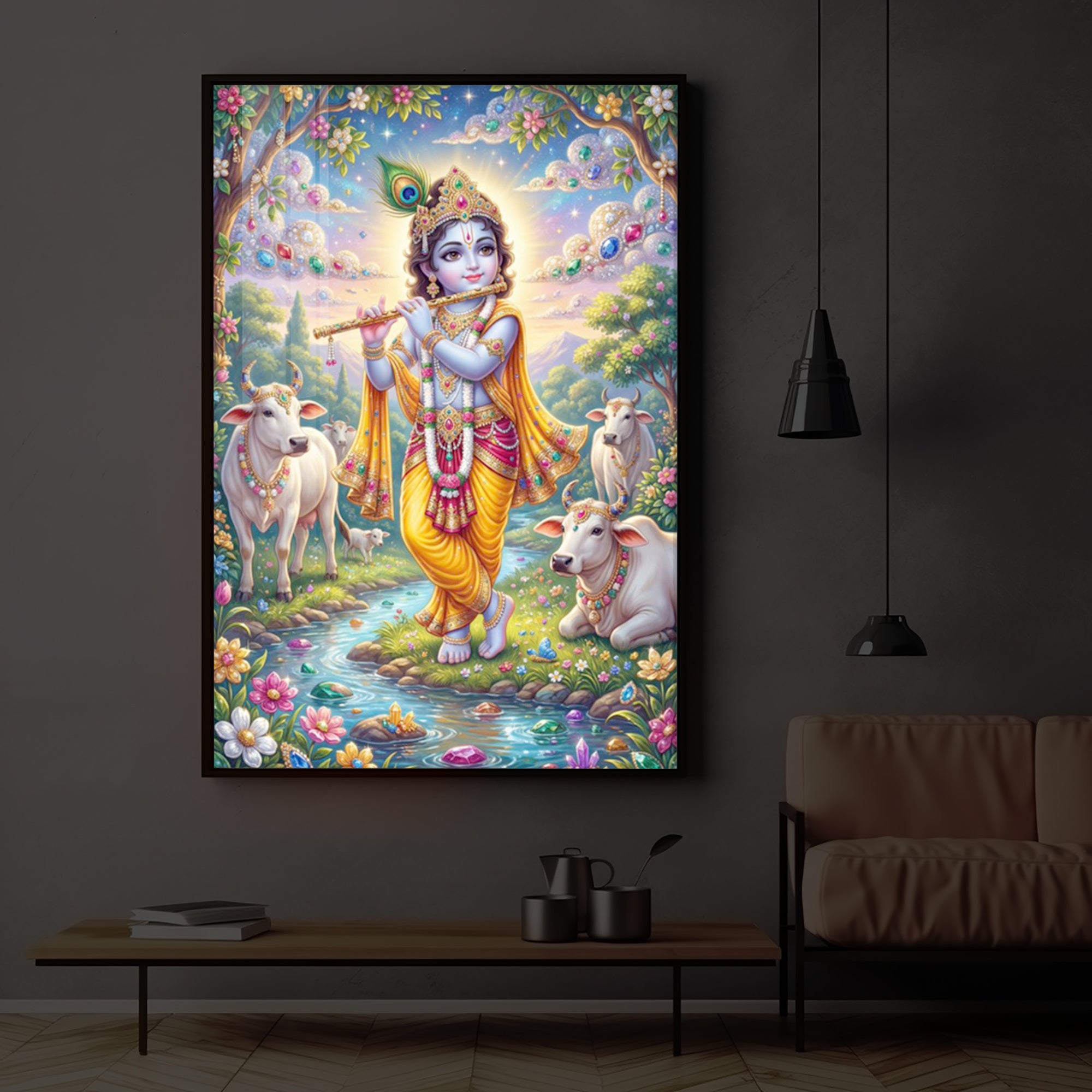 Little Kanha With Cow Modern Luxury Backlight Vertical Wall Art