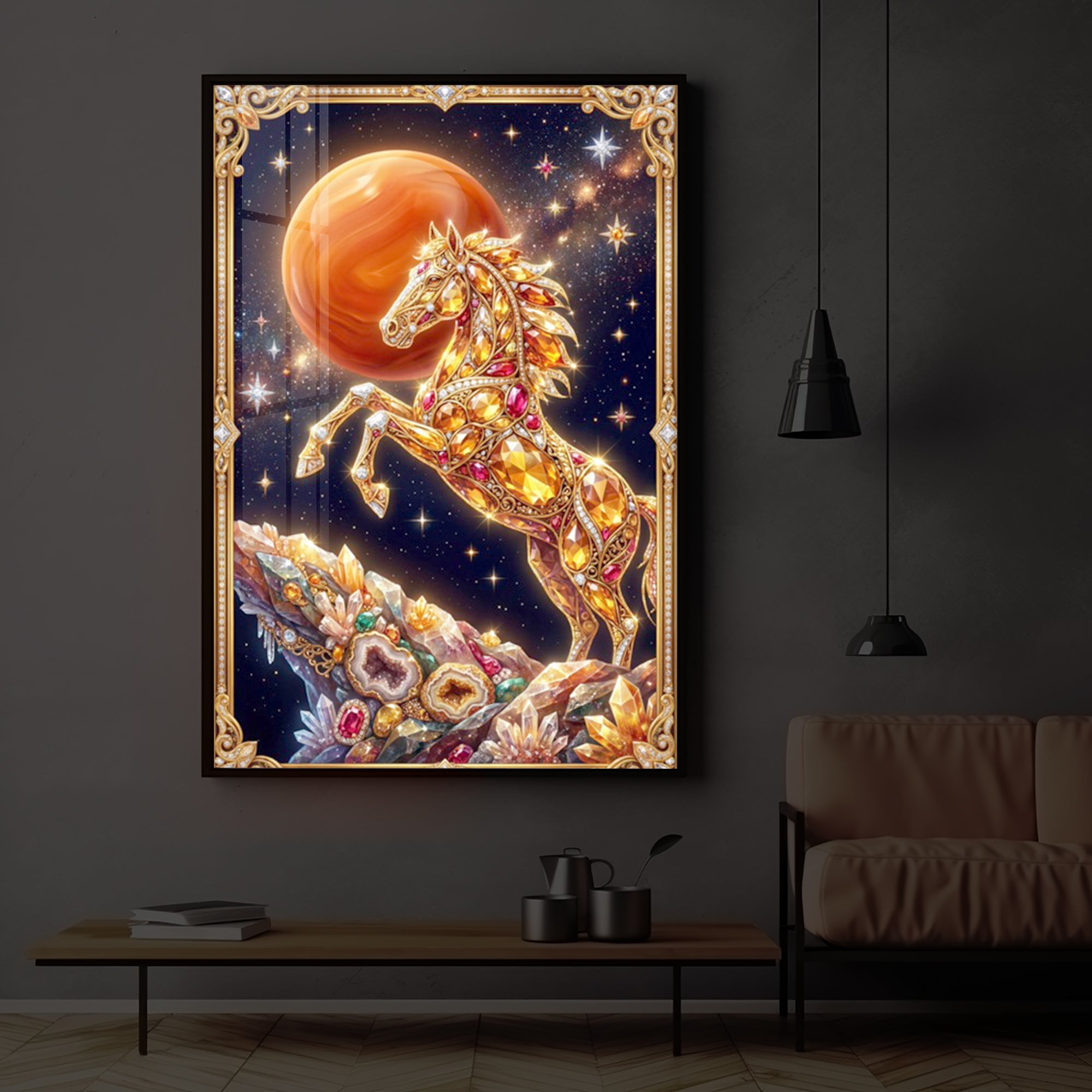 Horse In Dancing Posture Modern Luxury Backlight Vertical Wall Art