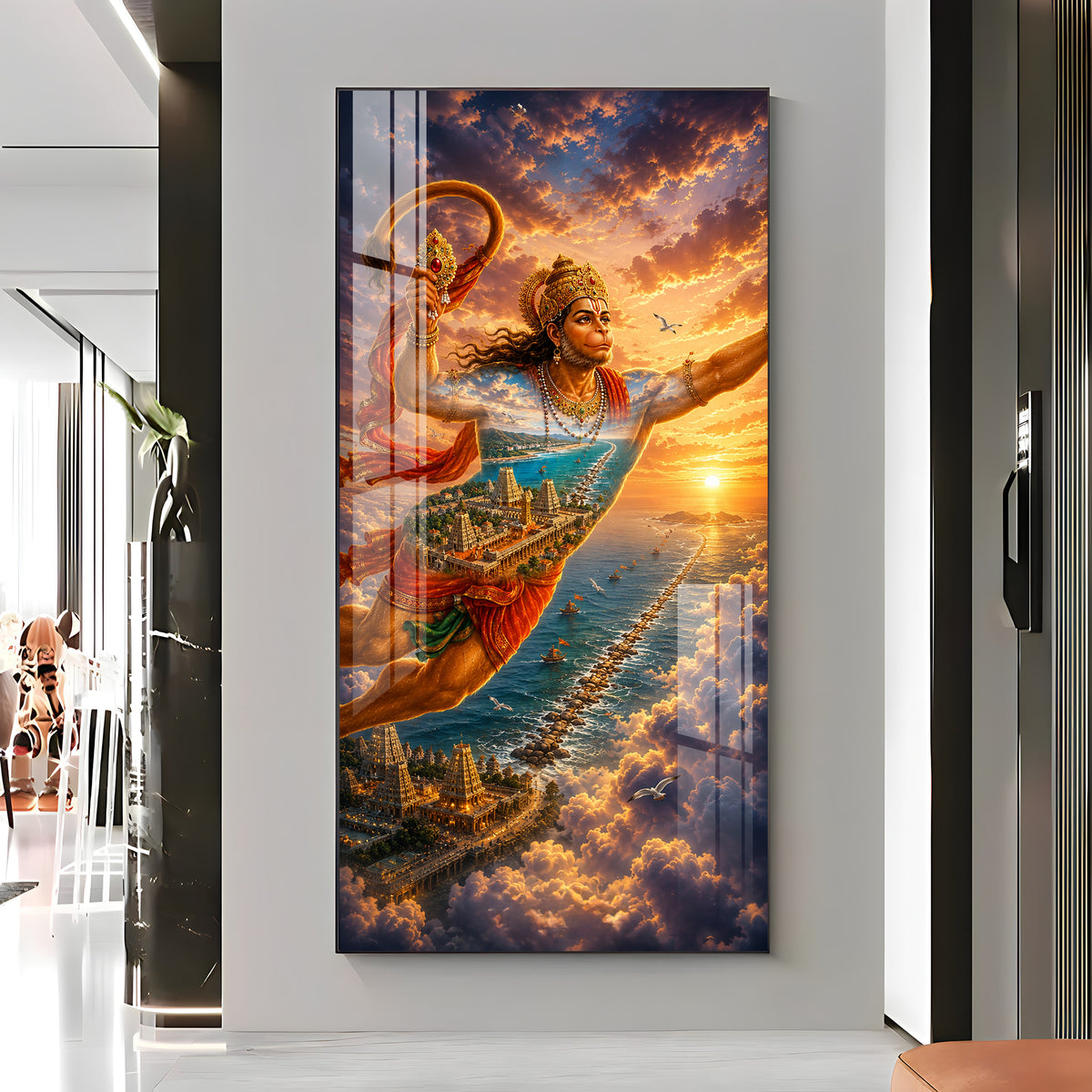 Lord Hanuman Flying Over Ocean Ram Setu Premium Acrylic Vertical Wall Art
