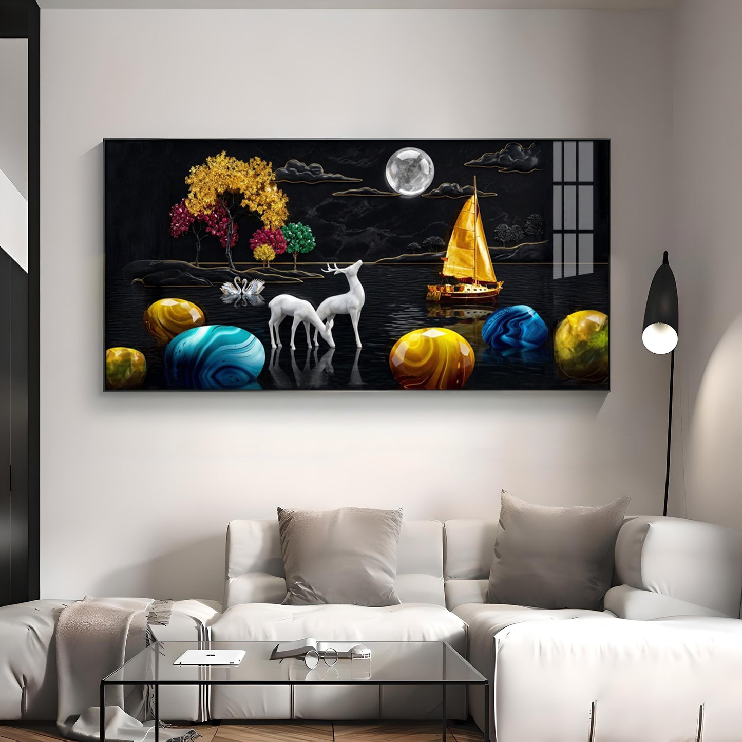 Rustic Serenity With Deer on the Lake Premium Acrylic Horizontal Wall Art