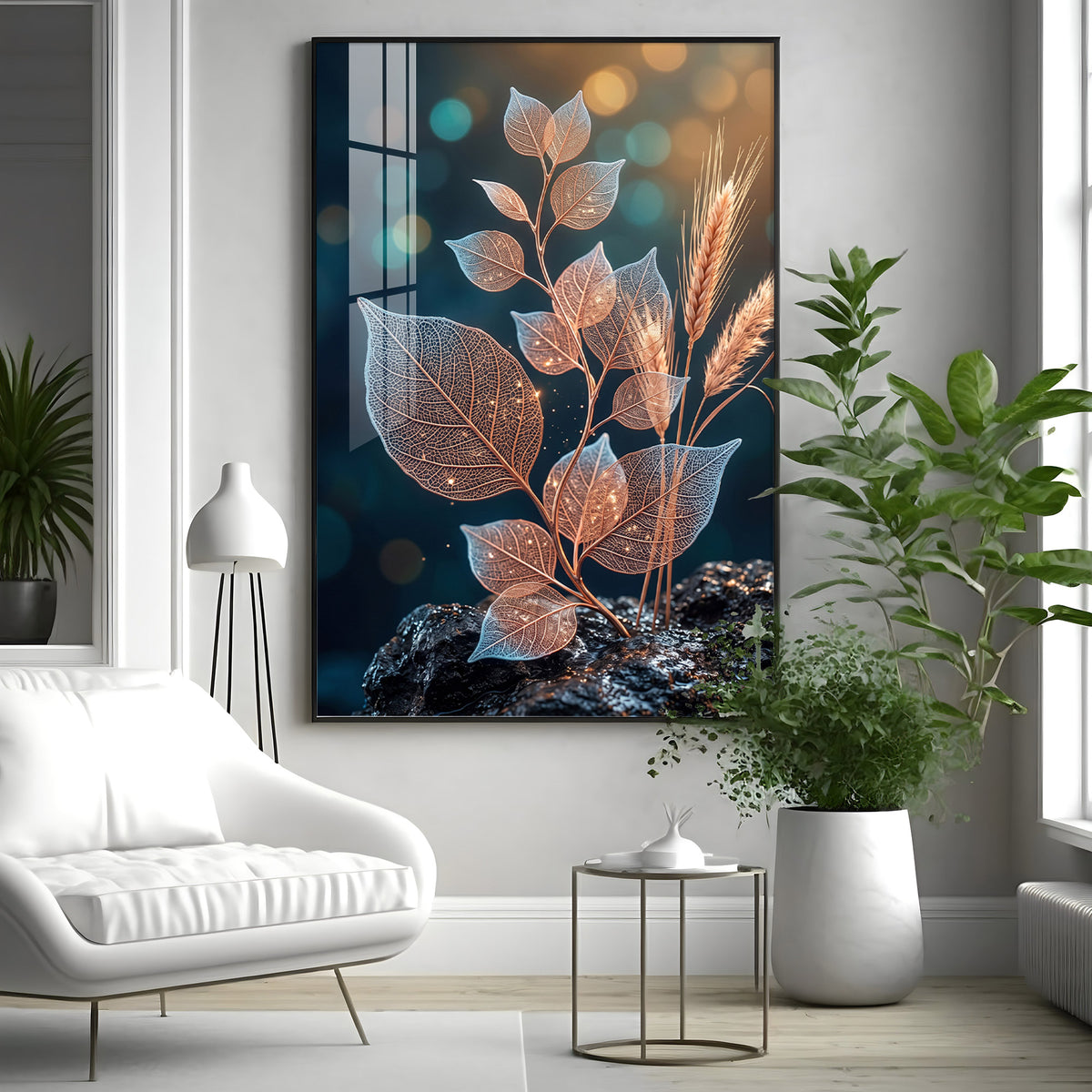 Glowing Vein Leaf & Wheat Premium Acrylic Vertical Wall Art