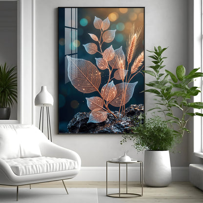 Glowing Vein Leaf & Wheat Premium Acrylic Vertical Wall Art