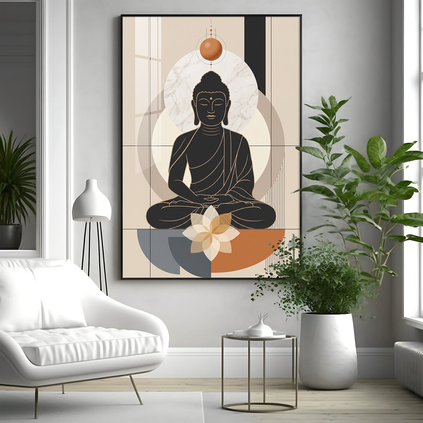 Minimal Black Buddha & Lotus Premium Acrylic Vertical Wall Art