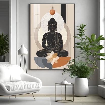 Minimal Black Buddha & Lotus Premium Acrylic Vertical Wall Art