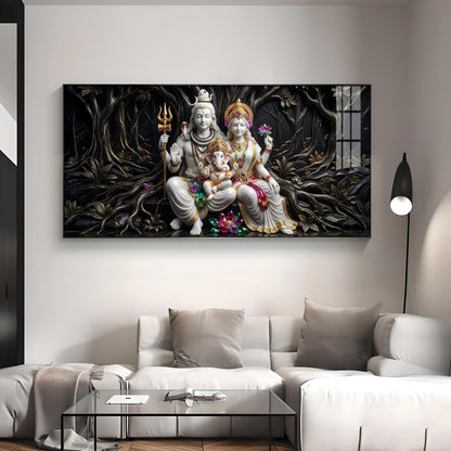 Lord Shiva, Goddess Parvati With Ganesh Ji Premium Acrylic Horizontal Wall Art