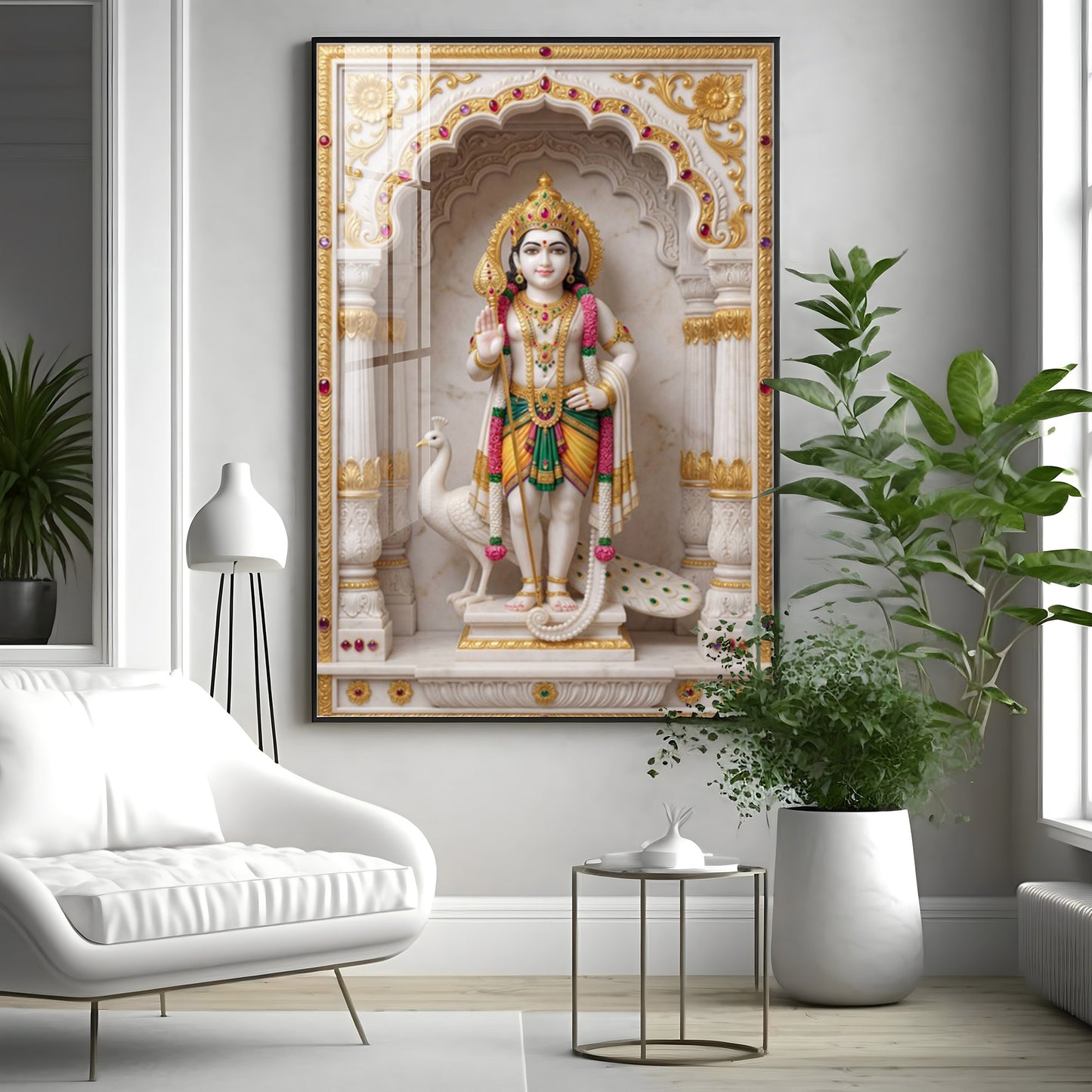 Lord Murugan With White Peacock Premium Acrylic Vertical Wall Art