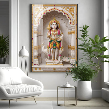 Lord Murugan With White Peacock Premium Acrylic Vertical Wall Art