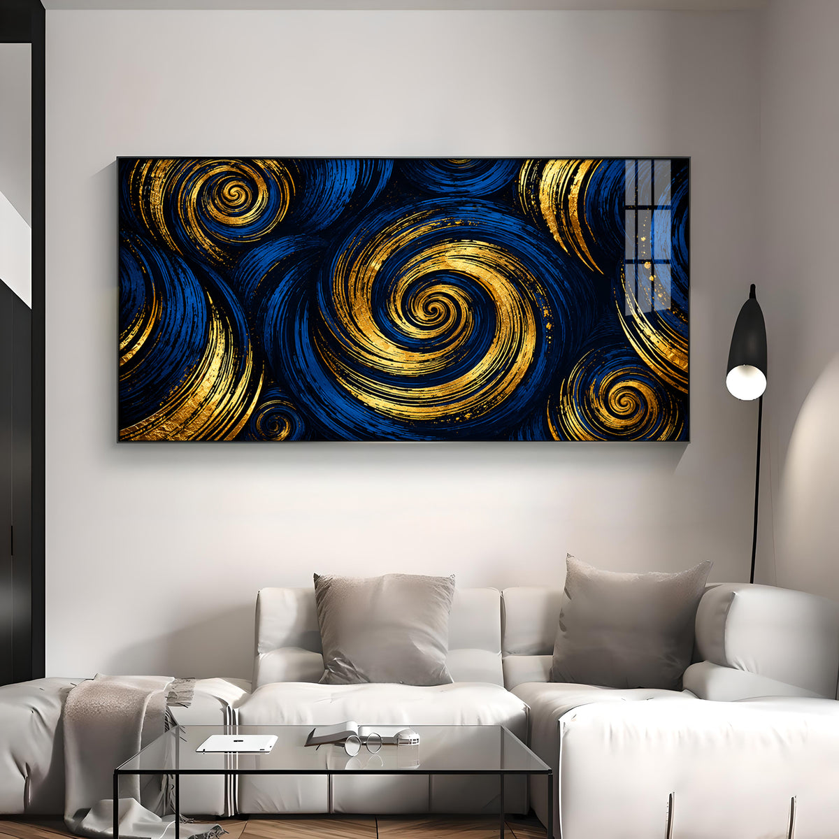Blue Gold Swirls Premium Acrylic Horizontal Wall Art