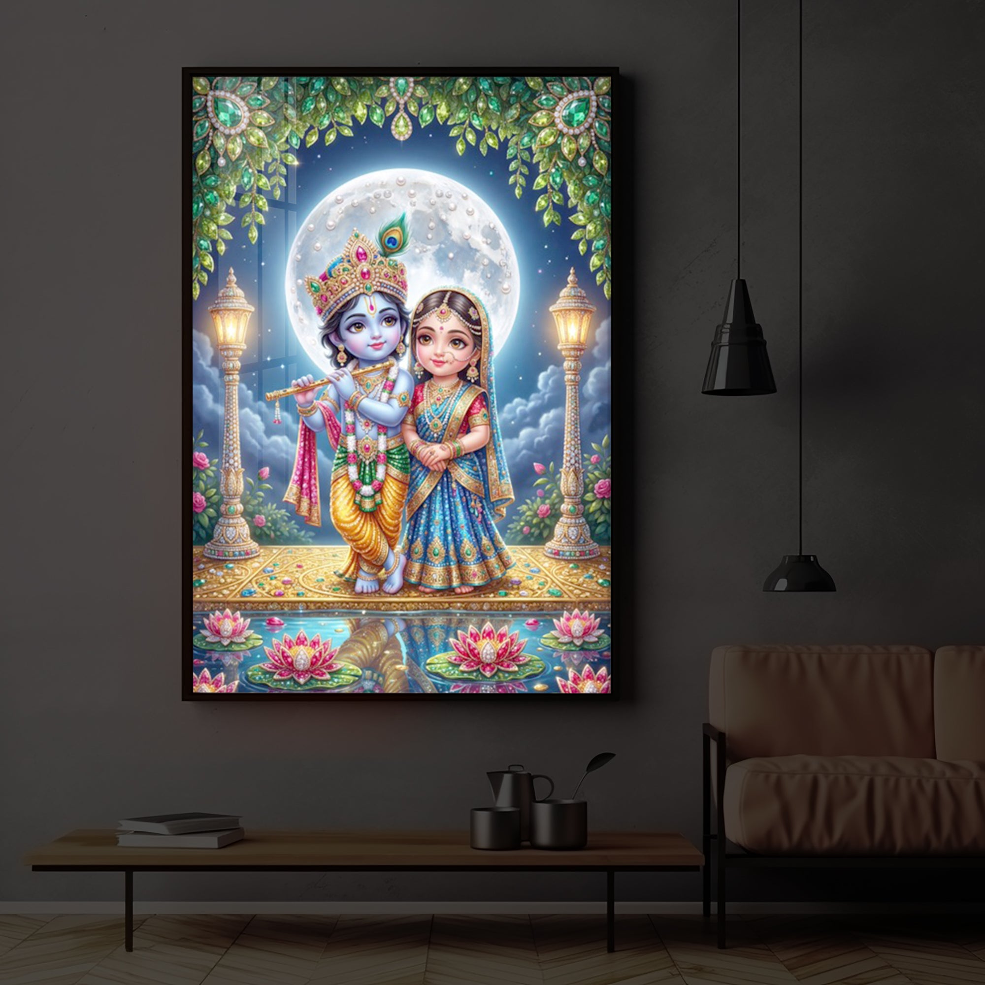 Little Radha Krishna Modern Luxury Backlight Vertical Wall Art