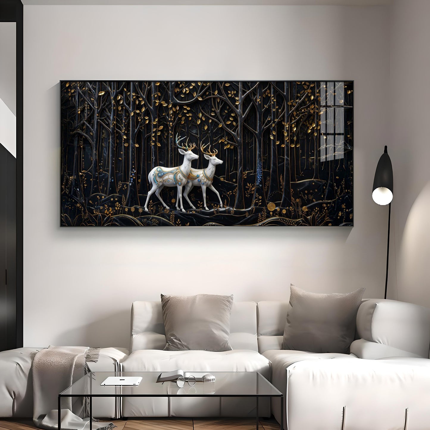 Two White Deer In A Black Forest Premium Acrylic Horizontal Wall Art
