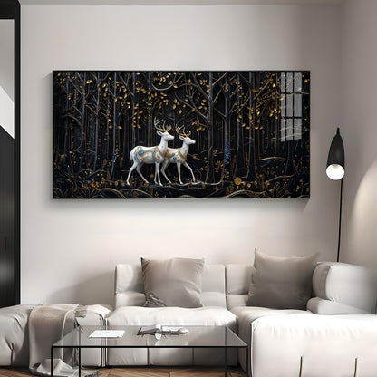 Two White Deer In A Black Forest Premium Acrylic Horizontal Wall Art