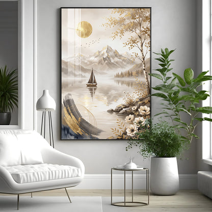 Abstract Lake Sailboat & Mountain Landscape Premium Acrylic Vertical Wall Art