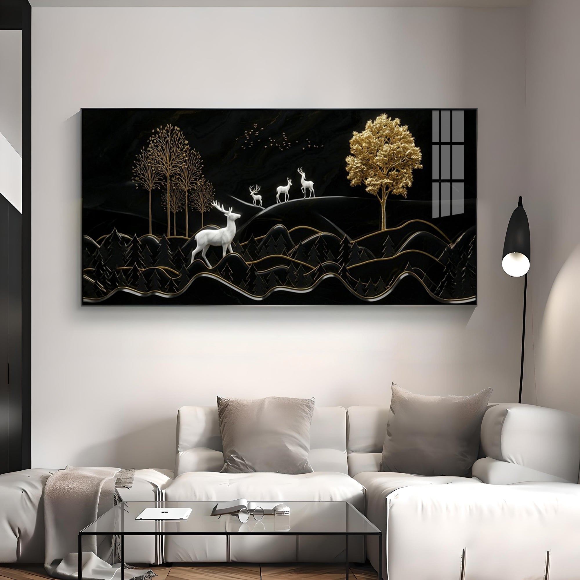 Deer Mountain With Golden Tree Premium Acrylic Horizontal Wall Art