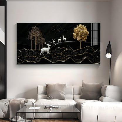 Deer Mountain With Golden Tree Premium Acrylic Horizontal Wall Art