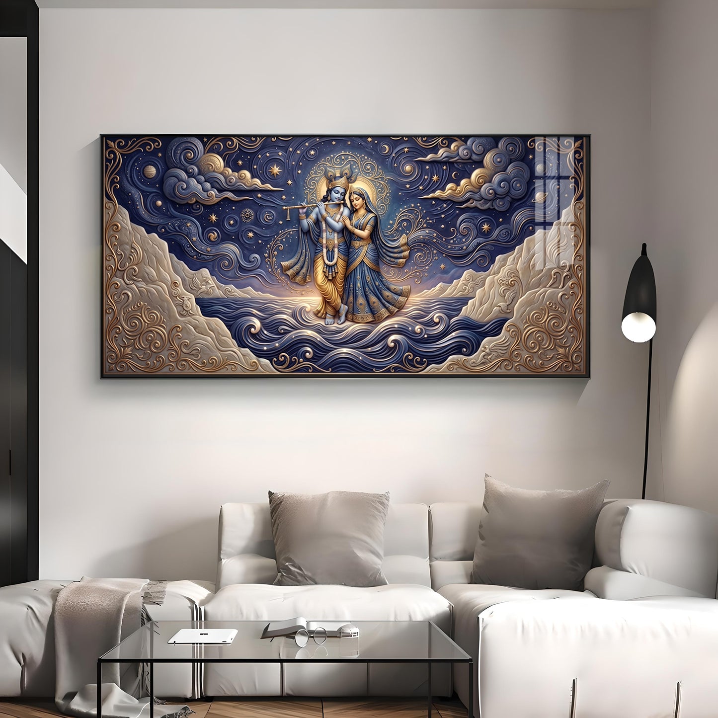 Radha Krishna Depicted In A Celestial Blue Premium Acrylic Horizontal Wall Art